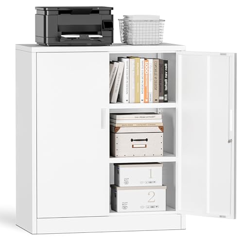 TaskStorz Metal Garage Storage Cabinets，36" Steel File Cabinet with 2 Adjustable Shelves, Lockable Storage Cabinets for Office, Home, Garage, Warehouse 36" H x 32" W x 16" D (White) TaskStorz