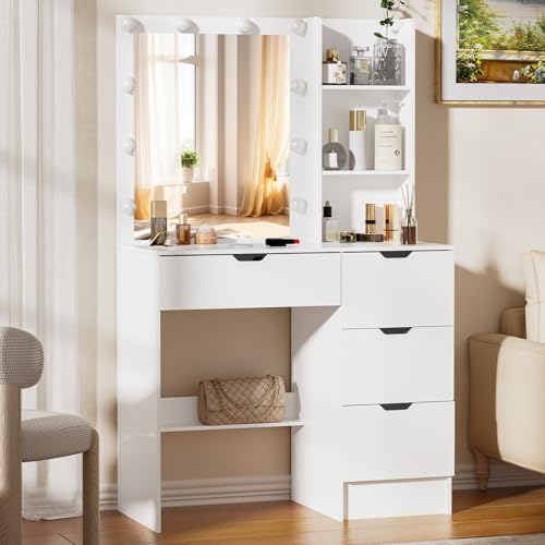 onesaimei Makeup Vanity Desk with Mirror and LED Lights, Vanity Desk with Drawers and Multiple Shelvers, Dressing Table with with Lighted Mirror for Bedroom, White onesaimei