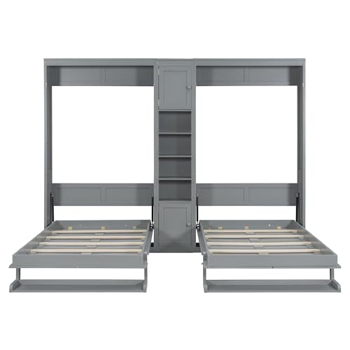 Merax Dual Twin Size Murphy Bed, Twin Wall Beds with Cabinets and Shelves, Gray Merax