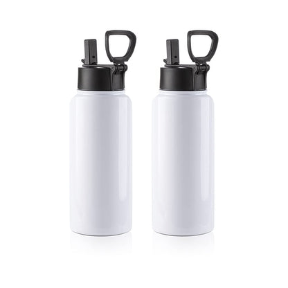 PYD Life 2 Pack Sublimation Blank Tumbler 32 OZ White Vacuum Flask Stainless Steel Sports Wide Mouth Water Bottle with Straw and Portable Handle