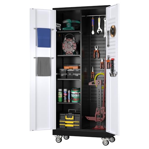 GLADIW Garage Storage Cabinet with Wheels, Broom Closet Storage Cabinet with Pegboards and Adjustable Shelves, Metal Tool Cabinet with Lockable Door for Garage Home, Black and White GLADIW