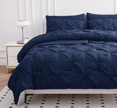 LANE LINEN Queen Comforter - Set of 7 Piece - Pintuck Stitch Design Bedding with 1 Comforter, 1 Flat Sheet, 1 Fitted Sheet, 2 Pillowcases & 2 Shams - Soft, Warm & Cozy Bedding Collection – Navy Blue LANE LINEN