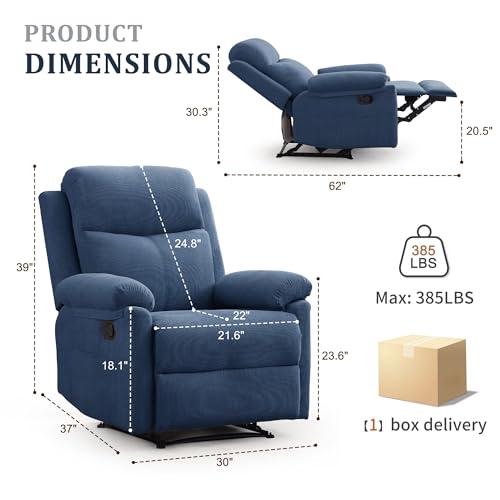 Korser Recliner Chair, Manual Recliner for Adults with Side Pocket, Small Recliners for Small Spaces, Adjustable Comfy Overstuffed Corduroy Reclining Chairs for Living Room, Reading, Bedroom, Blue