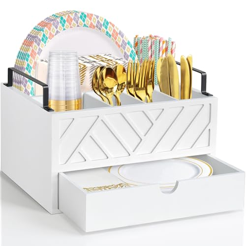 Paper Plate Dispenser with Drawer, Paper Plate Holder for Kitchen Counter, Wood Rustic Silverware Utensil Caddy, Cutlery Flatware Organizer for Cup Spoon Fork Plates Napkins, White Kitchen Accessories Zecela