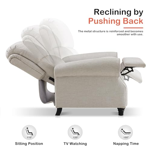 MCombo Pushback Recliner Chair, 3-Position Oversized Manual Recliner with Rolled Arms, Solid Wood Legs & Chenille Upholstery, Accent Reclining Chair for Living Room Office 4865 (Beige) MCombo