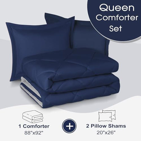 Basic Beyond Queen Comforter Set - Navy Blue Comforter Set Queen Size, Reversible Bed Comforter Queen Set for All Seasons, Navy/Grey, 1 Comforter (88"x92") and 2 Pillow Shams (20"x26"+2") Basic Beyond