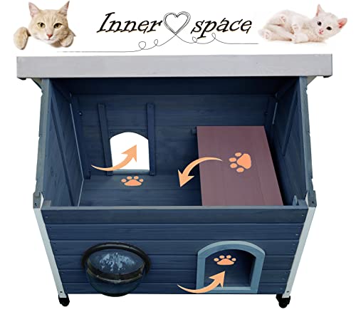 Rockever Outdoor Cat House, Cat House for Outdoor Cats Feral Cat House with Escape Door and Clear Windows for 2 Cats (Modern, Blue) - WoodArtSupply