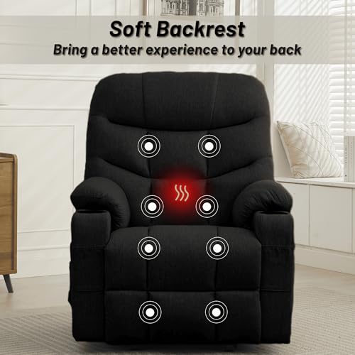 Korser Power Recliner Chair with Massage and Heating, Electric Recliner Chair for Elderly and Adults, Power Lift Recliner with Remote Control and Cup Holders for Living Room, Linen Fabric, Black