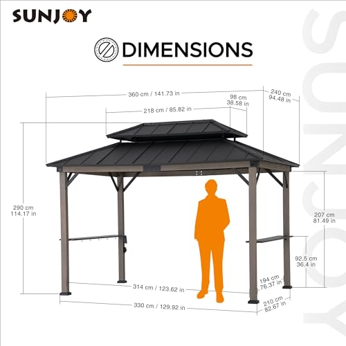 Sunjoy Wooden Grill Gazebo, 8 x 12 ft. Steel Hardtop Outdoor Gazebo for Year-Round Grilling, 2 Full Size Grills, Griddles or Smokers - Cook Station, Barbeque, Built-in Electrical Outlets, Bla - WoodArtSupply