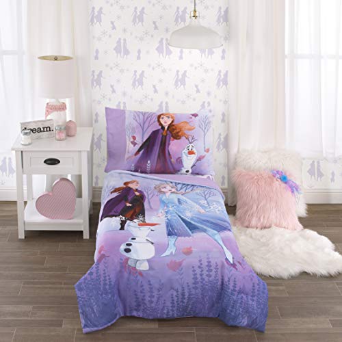 Disney Frozen 2 Lavender, Light Blue and Purple Forest Spirit 4 Piece Toddler Bed Set - Comforter, Fitted Bottom Sheet, Flat Top Sheet, Reversible Pillowcase Disney