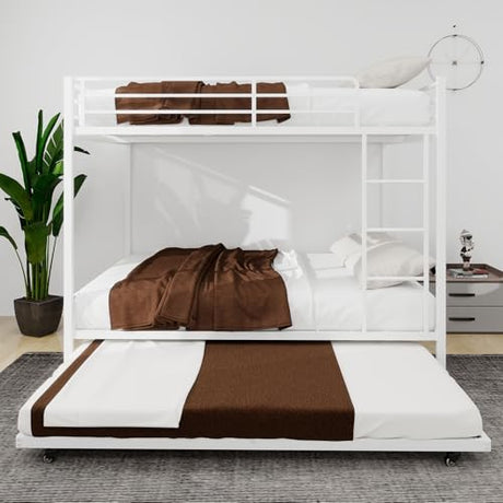 Bellemave Metal Bunk Bed with Trundle, Full Over Full Bunk Twin Trundle and Guardrail and Ladder for Kids/Teenagers, Adults, White Bellemave