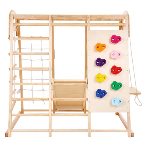 VEVOR Large Size Indoor Jungle Gym, 7-in-1 Toddler Indoor Playground, Wooden Toddler Climbing Toys with Wood & Rope Ladder, Net Ladder, Swing, Monkey Bar, Slide, Climbing Wall, 47.2 x 58 x 56in VEVOR