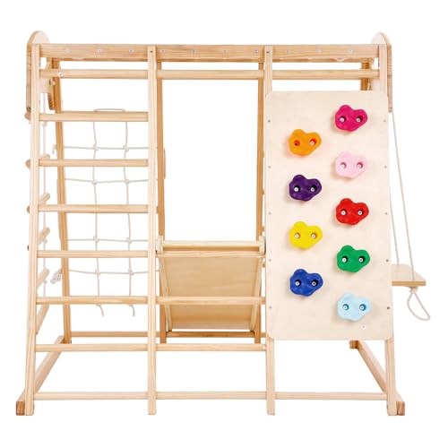 VEVOR Large Size Indoor Jungle Gym, 7-in-1 Toddler Indoor Playground, Wooden Toddler Climbing Toys with Wood & Rope Ladder, Net Ladder, Swing, Monkey Bar, Slide, Climbing Wall, 47.2 x 58 x 56in