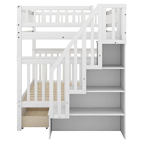 Harper & Bright Designs Stairway Bunk Bed Full Over Full, Wood Bunk Bed with Drawers, Solid Wood Detachable Bed Frame for Kids, Teens, Adults, White Harper & Bright Designs