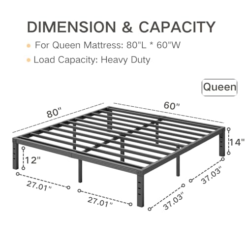 COMASACH Queen Bed Frame Heavy Duty,14" High Black Metal Platform Bed Frame,Sturdy Steel Frame,Support up to 3500lbs,No Box Spring Needed,Noise-Free,Easy Assembly COMASACH