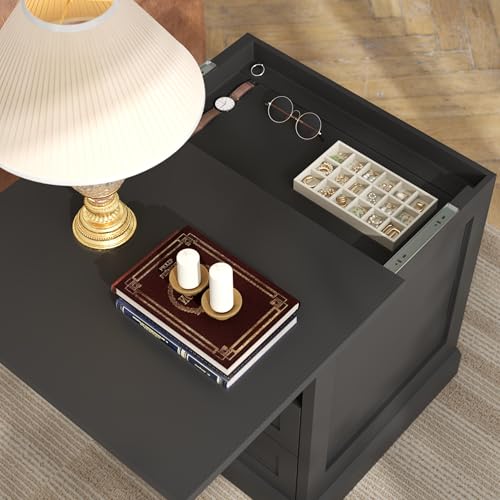 Gyfimoie Nightstand with Hidden Storage Space, Night Stand, End Table with Side Drawer, Bedside Table with Open Shelf, 2 Drawers Dresser for Bedroom, Living Room, Closet (Black) Gyfimoie