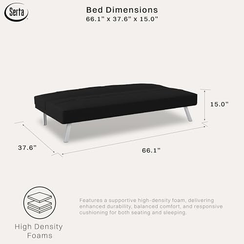 Serta® Rane Futon Sofa Bed 66.1", 3-in-1 Convertible Couch Sleeper for Small Spaces, Tufted Back, Twin Size Guest Bed, Black Woven Fabric Serta