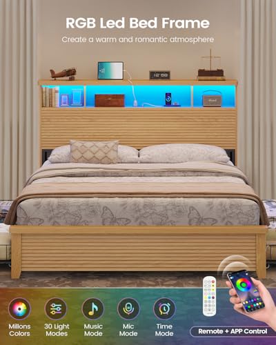 VIAGDO Wood Bed Frame Queen Size with 4 Storage Drawers & Bookcase Headboard, Led Wooden Queen Bed Frame with Charging Station,No Box Spring Needed,Wood VIAGDO