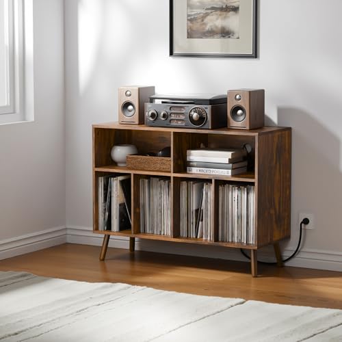 Cozy Castle Record Player Stand with Vinyl Storage Cabinet, Wood Turntable Table Open Shelf Holder Up to 350 Albums Cube Storage Organizer for Living Room, Office, Rustic Brown Cozy Castle