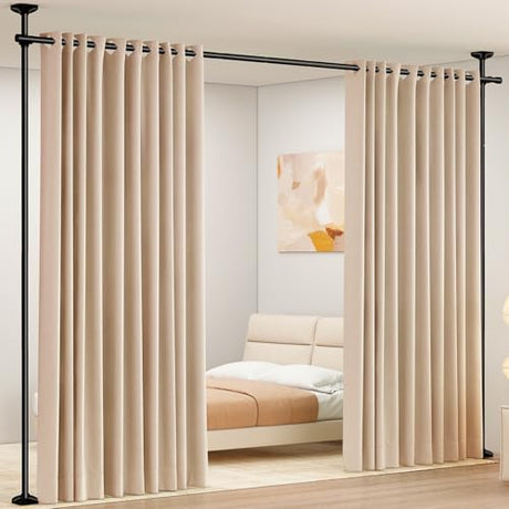 SUNALLY Room Divider Curtain Rod, No Drilling Room Separator for Space Partition Adjustable 4-10ft(H) 28-70inch(W) Heavy Duty Temporary Wall Divider Floor to Ceiling Tension Rod, Black SUNALLY