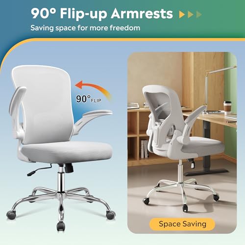 DEVAISE Office Chair Ergonomic Computer Desk Chair with Flip-up Armrests, Comfy Mesh with Adjustable Lumbar Support, White DEVAISE