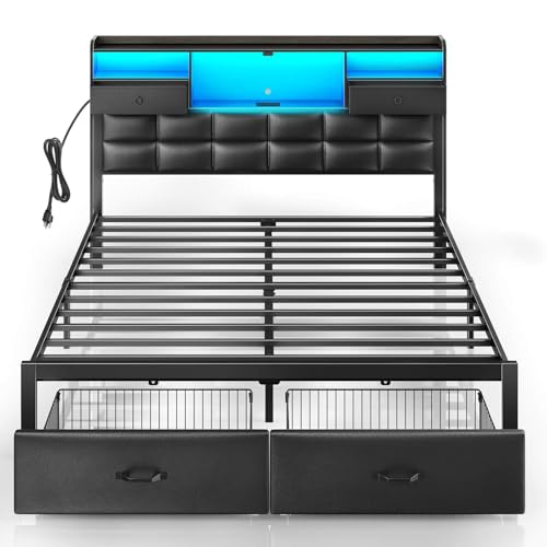 Rolanstar Bed Frame Full Size with Drawers and Charging Station, Upholstered Platform Bed with Storage Headboard and LED Light, Heavy Duty Metal Frame Support, No Box Spring Needed, Noise Free, Black Rolanstar