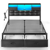 Rolanstar Bed Frame Full Size with Drawers and Charging Station, Upholstered Platform Bed with Storage Headboard and LED Light, Heavy Duty Metal Frame Support, No Box Spring Needed, Noise Free, Black Rolanstar