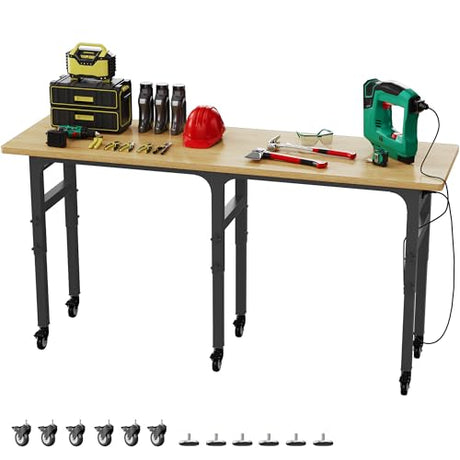 TITIMO 83" Adjustable Workbench, Work Benches for Garage with Pegboard, 3000 LBS Heavy Duty Rubber Wood Tabletop with Power Outlet, Rolling Work Table with Wheels for Workshop, Office (83" x 23.6") TITIMO