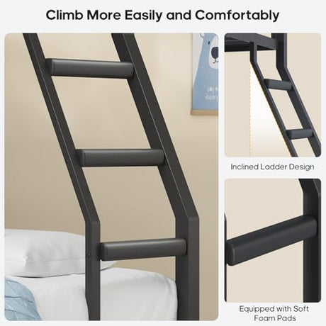 BTHFST Bunk Bed Twin Over Twin with 4 Storage Drawers & Shelves & Bedside Caddy, Twin Bunk Beds with Charging Station & LED Lights, Metal Loft Bed with Safety Guardrail & Angled Ladder, Black & Grey BTHFST