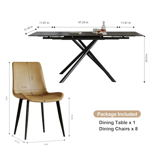 Runboll Extendable Rectangular Dining Table Set for 8, 47"-71" Modern Sintered Stone Kitchen Table with 8 Chairs and Carbon Steel Legs for Dining Room Family Gathering Runboll