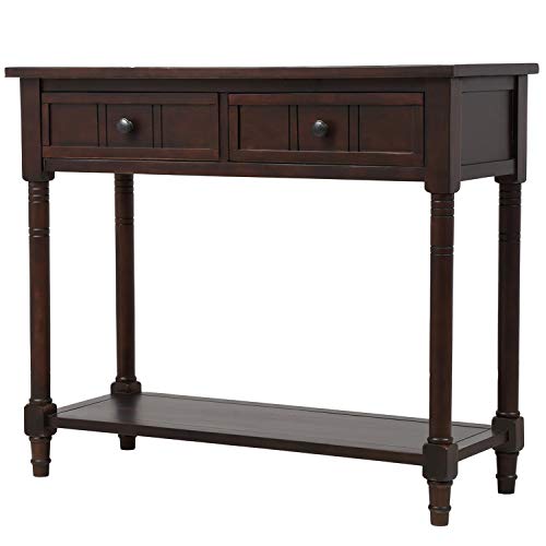P PURLOVE Sofa Table Antique Style Wooden Console Table with 2 Drawers and Bottom Shelf (Dark Espresso) P PURLOVE
