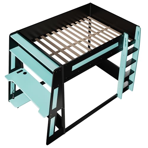 Full Over Full Wooden Bunk Bed with Desk & Charging Station & LED Lights,Gaming Loft Bed Frame with Safety Guardrails,Ladder and Storage Shelves,Esports Design for PC & Console Gamers,Black Blue FUvellamo