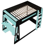 Full Over Full Wooden Bunk Bed with Desk & Charging Station & LED Lights,Gaming Loft Bed Frame with Safety Guardrails,Ladder and Storage Shelves,Esports Design for PC & Console Gamers,Black Blue FUvellamo