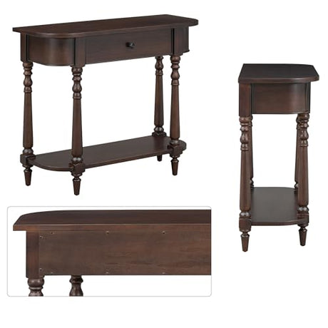 Amposei Small Curved Console Table 36-Inch Retro Farmhouse Wood Entry Sofa Table with Drawer & Storage Shelf for Living Room Hallway Entryway Furniture, Espresso Amposei