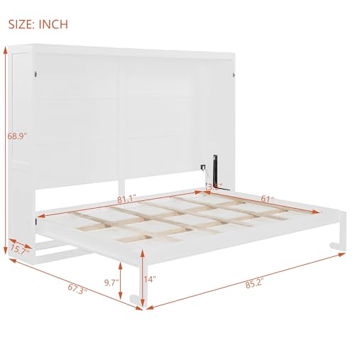 Polibi Queen Size Murphy Bed Wall Bed Cabinet with LED Lights, Space Saving Folding Bed for Home Office and Guest Room, Easy Pull-Down Mechanism, White Polibi