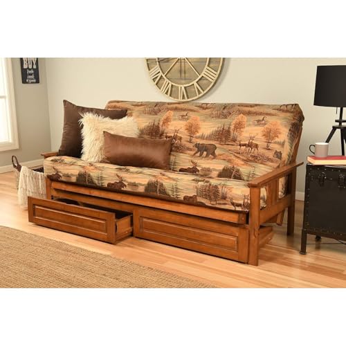 HomeStock Modern Muse Wood Futon Frame Set with Storage Drawers, Classic Style with Mission Style Arms with Solid Pattern with Foldable Feature for Lounge Room with Tight Back Canadian/Barbados HomeStock