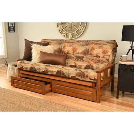 HomeStock Modern Muse Wood Futon Frame Set with Storage Drawers, Classic Style with Mission Style Arms with Solid Pattern with Foldable Feature for Lounge Room with Tight Back Canadian/Barbados HomeStock