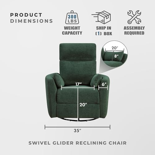 Lexicon Modern Swivel Glider Recliner Chair - Quiet 360 Swivel Chair, Durable Microfiber Upholstered, 2 Pillows, Manual Reclining for Living Room, Small Spaces, Nursery, Apartment, Bedroom, Green