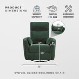 Lexicon Modern Swivel Glider Recliner Chair - Quiet 360 Swivel Chair, Durable Microfiber Upholstered, 2 Pillows, Manual Reclining for Living Room, Small Spaces, Nursery, Apartment, Bedroom, Green