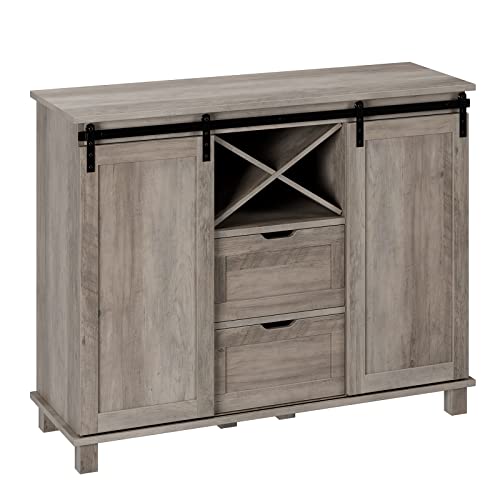 HOSTACK Farmhouse Buffet Sideboard, Coffee Bar Cabinet with Storage, Liquor Wine Cabinet with Sliding Barn Doors, Accent Storage Cabinet for Kitchen, Ash Grey - WoodArtSupply