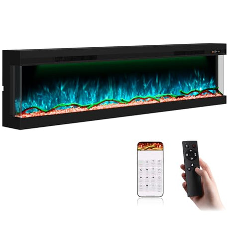 STRICWARM 70 inch 3 Sided Electric Fireplace Insert with Touchscreen, Smart Recessed/Built-in Linear Electric Fire Place Heater 1500W, Multi-Color Realistic Flames, APP Control, Timer, Log & Crystal STRICWARM
