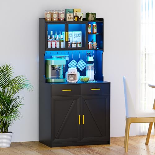 Gurexl 64" Farmhouse Kitchen Pantry with Auto Sensor LED,Storage Cabinets with 2 Outlets for Microwave & USB-C Ports,Hutch Cabinet with Pegboard,2 Cabinet,2 Drawers,1 Large Countertop Gurexl