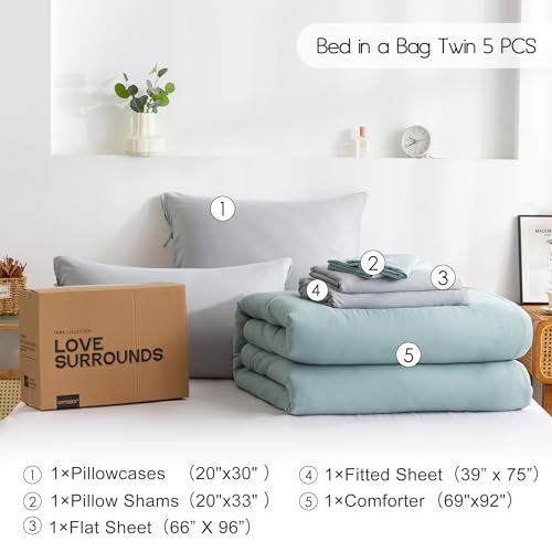 COTTEBED Ultra-Soft Twin Comforter Set with Sheets - 5 Pieces Bed in a Bag Twin Down Comforter & Bedding Sheet Sets, Lightweight Boho Cozy Washed PolyCotton for Kids Boy Girl All Season Use,Sage Green COTTEBED