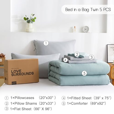 COTTEBED Ultra-Soft Twin Comforter Set with Sheets - 5 Pieces Bed in a Bag Twin Down Comforter & Bedding Sheet Sets, Lightweight Boho Cozy Washed PolyCotton for Kids Boy Girl All Season Use,Sage Green COTTEBED