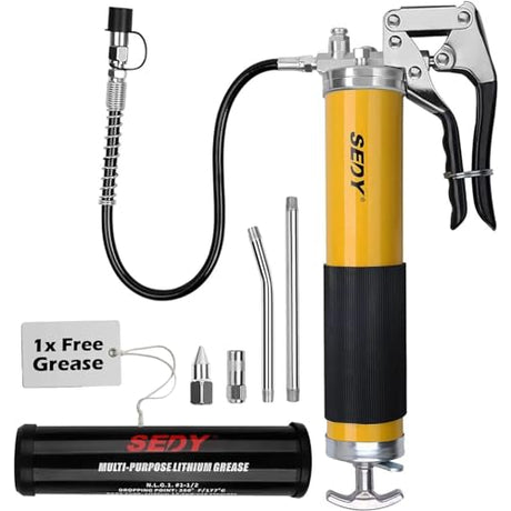 Heavy Duty Grease Gun Kit - 14oz Free Grease Tube 8000 PSI Pistol High Pressure Flexible Hose Bearing Grease Pump Marine Durable Connectors Adapters Extension Tubes Nozzle Easy Operation SEDY