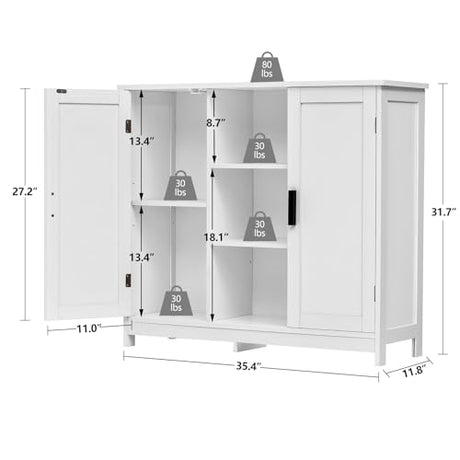 Iwell Storage Cabinet with 2 Doors and 4 Storage Shelves, Credenza Buffet Cabinet, Bathroom Cabinet for Living Room, Entryway, Home Office, White Iwell