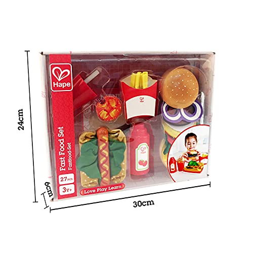 Hape Fast Food Set |Wooden Diner Fast Food Toy Set, Classic American Meal for Pretend Play Includes Burger, French Fries, Hotdogs & Cola