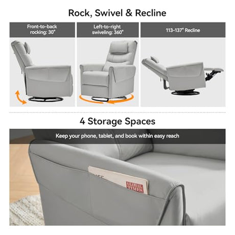 AIRSKY Leather Recliner Chair, Top Grain Leather, Italian Water-Washing Process, Movable Headrest,Recliner Chairs for Adults, Nursery Rocking Chairs,Swivel Rocker Recliner, Living Room Chair,Grey,R3 AIRSKY