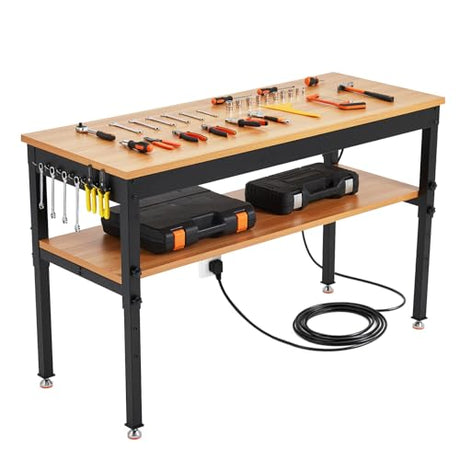 48" Work Bench, Adjustable Height Workbench with Storage Shelf, 48" x 24" Work Benches for Garage, 2500 LBS Tool Bench with Power Outlet for Workshop & Home EliteEdge