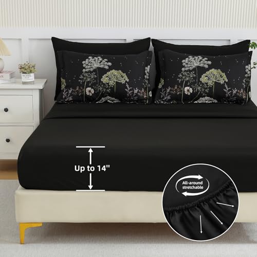 Yiran King Size Comforter Set, 7 Piece Comforter Floral Black Green Bedding Set, Soft Bed in a Bag King, Comforter, Sheets, Pillowcases & Shams Yiran